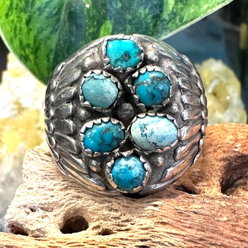 Vintage Sterling Silver Fan Cluster Turquoise Ring Size 14.5