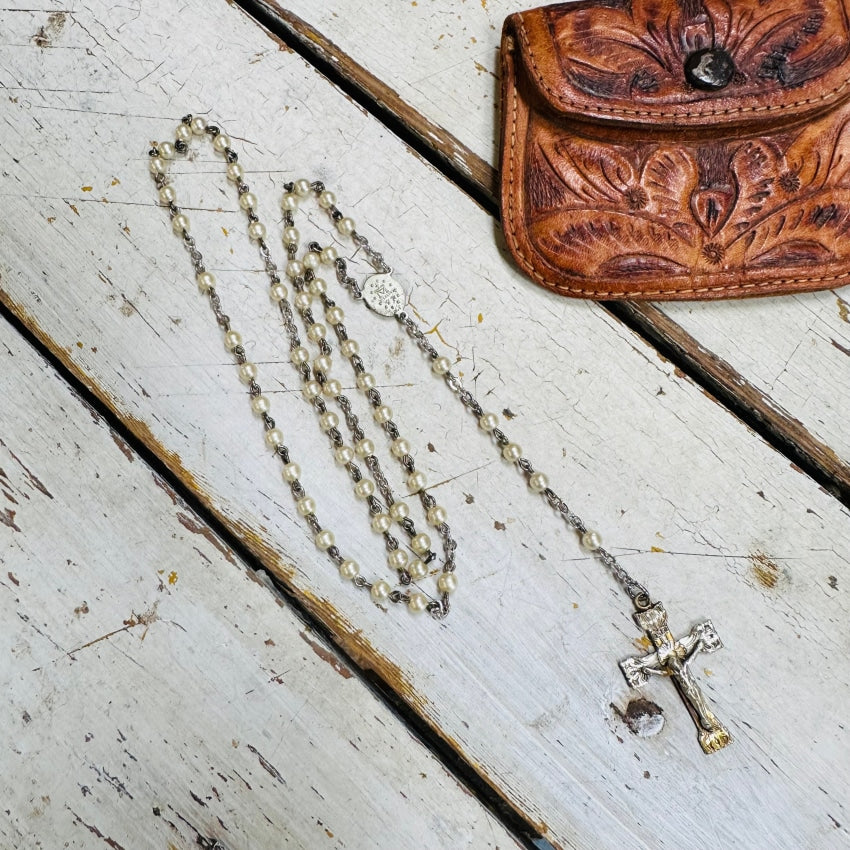 Vintage Sterling Silver Faux Pearl Rosary