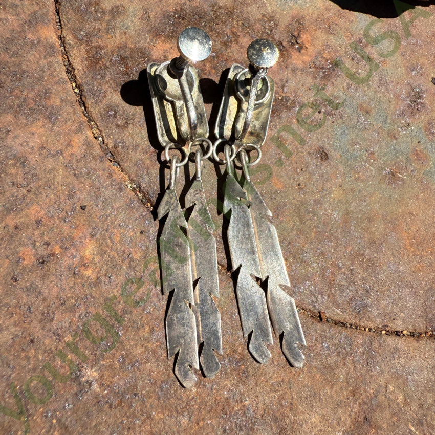 Vintage Sterling Silver Feather Drop Earrings Screw Back earrings