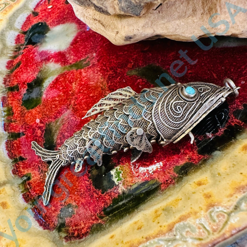 Vintage Sterling Silver Filigree Articulated Fish Receptacle Pendant