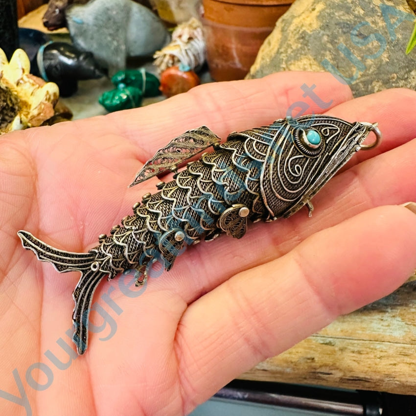 Vintage Sterling Silver Filigree Articulated Fish Receptacle Pendant