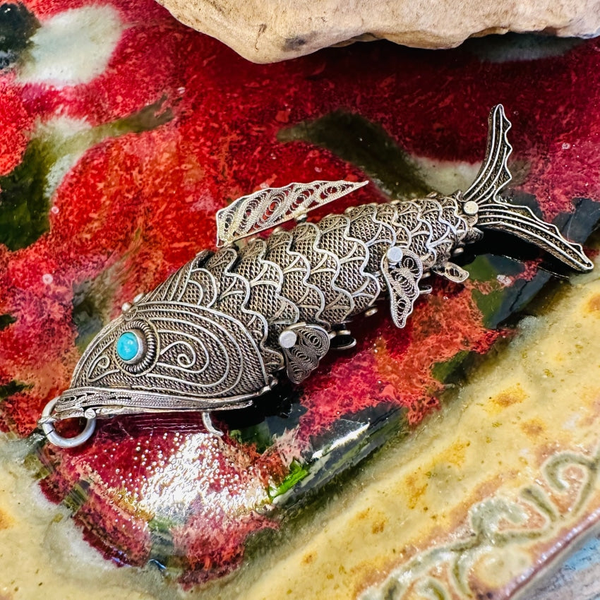 Vintage Sterling Silver Filigree Articulated Fish Receptacle Pendant