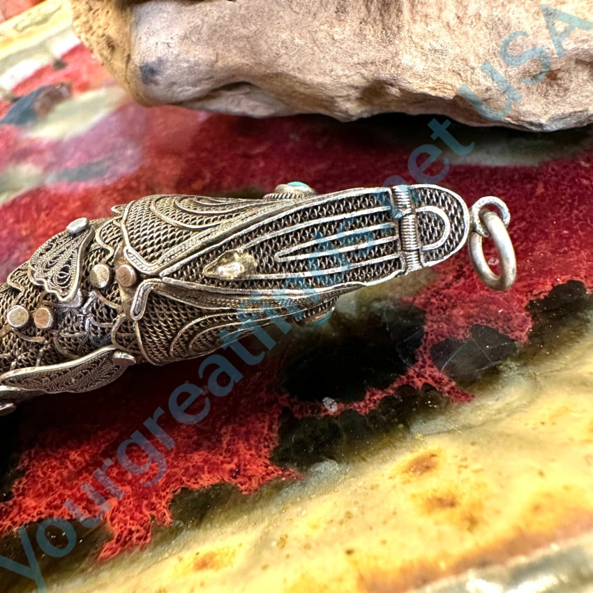 Vintage Sterling Silver Filigree Articulated Fish Receptacle Pendant