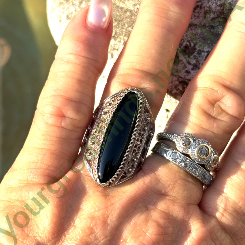Vintage Sterling Silver Filigree & Black Onyx Ring Size 7 ring
