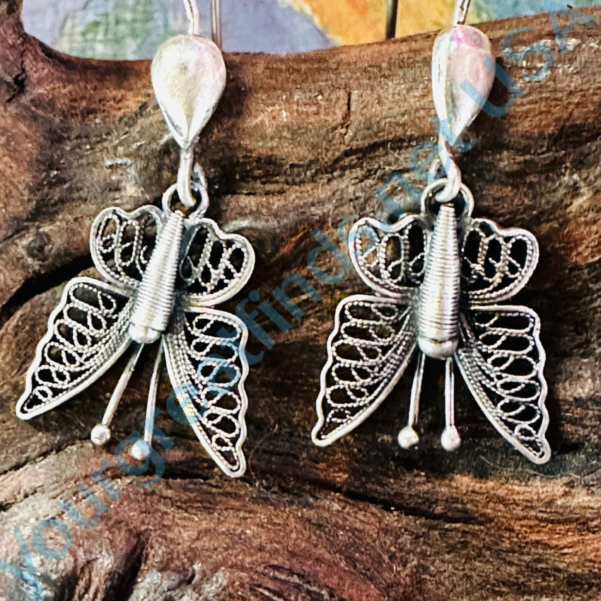 Vintage Sterling Silver Filigree Butterfly Pierced Earrings Earrings