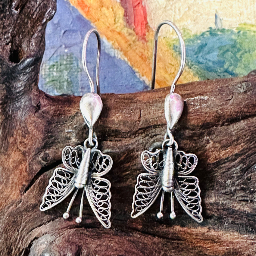 Vintage Sterling Silver Filigree Butterfly Pierced Earrings Earrings