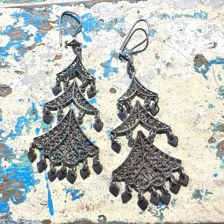 Vintage Sterling Silver Filigree Chandelier Pierced Earrings