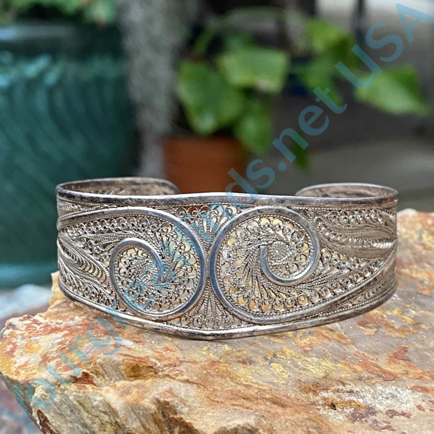 Vintage Sterling Silver Peacock Filigree popular Cuff Bracelet and Screw On Earrings