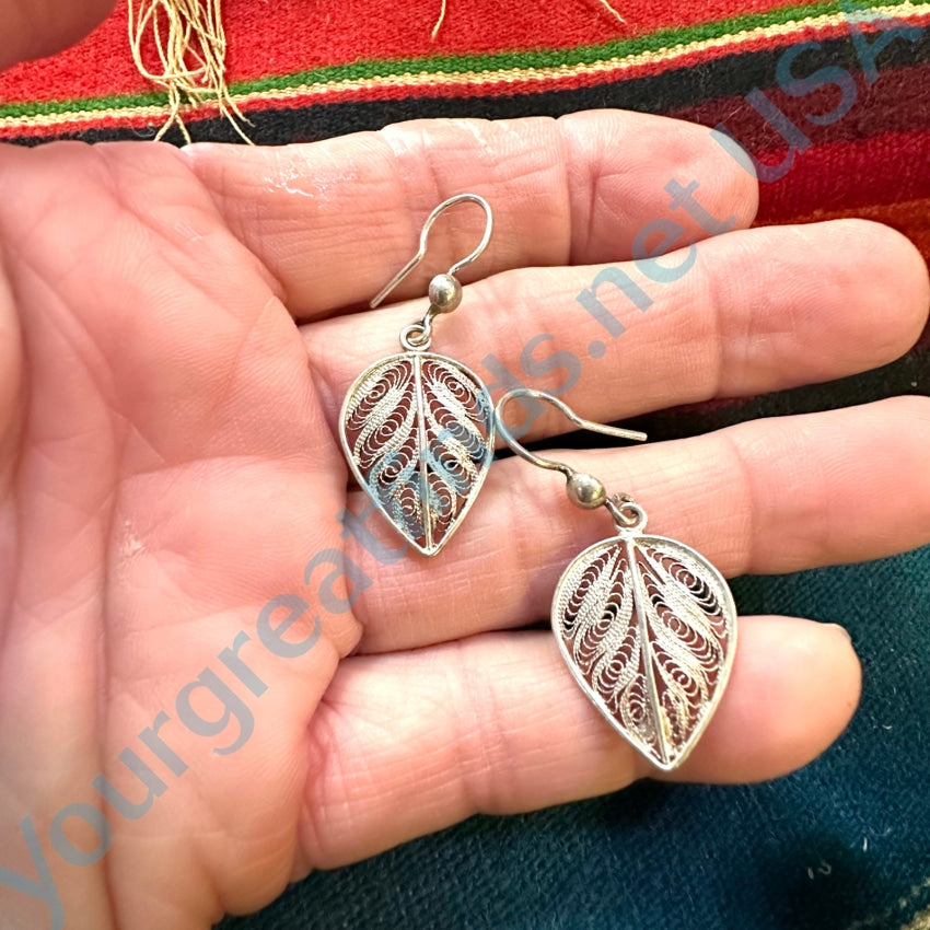 Vintage Sterling Silver Filigree Leaf Earrings Pierced