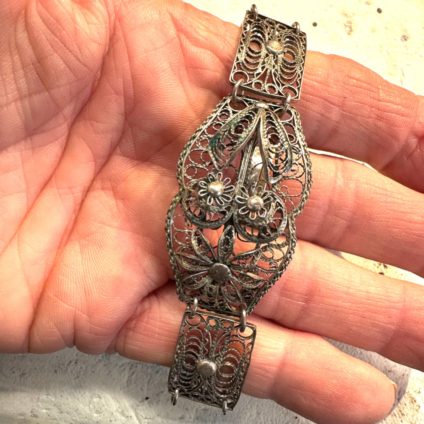 Vintage Sterling Silver Filigree Panel Bracelet With Flowers Bracelet