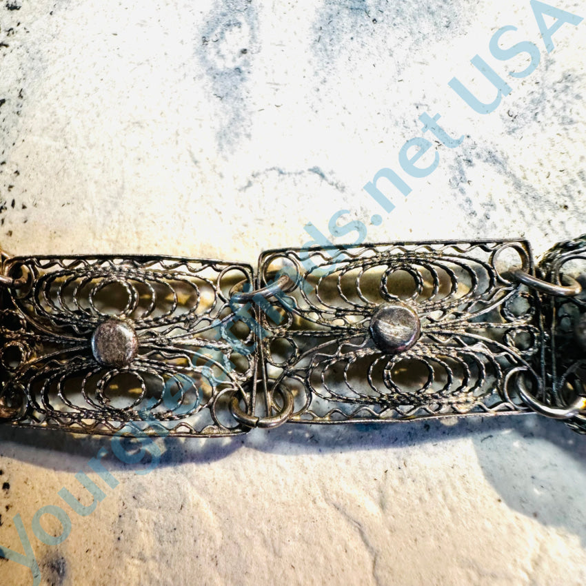 Vintage Sterling Silver Filigree Panel Bracelet With Flowers Bracelet