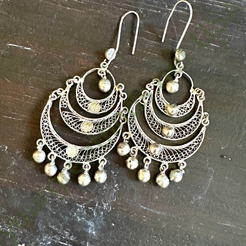 Vintage Sterling Silver Filigree Tiered Chandelier Shoulder Duster Pierced Earrings Earrings