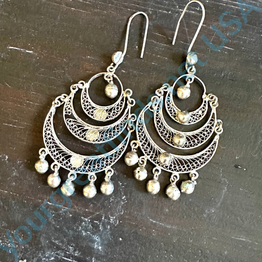 Vintage Sterling Silver Filigree Tiered Chandelier Shoulder Duster Pierced Earrings Earrings