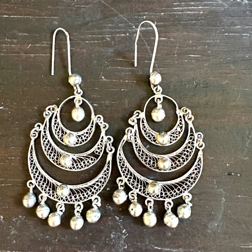 Vintage Sterling Silver Filigree Tiered Chandelier Shoulder Duster Pierced Earrings Earrings