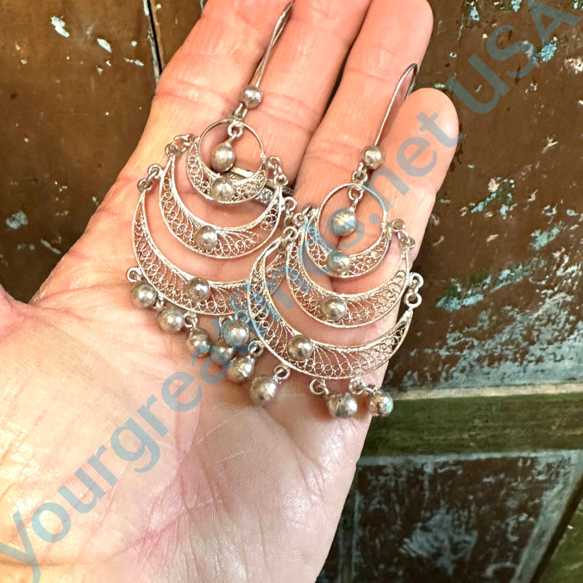 Vintage Sterling Silver Filigree Tiered Chandelier Shoulder Duster Pierced Earrings Earrings