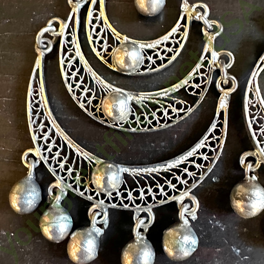 Vintage Sterling Silver Filigree Tiered Chandelier Shoulder Duster Pierced Earrings Earrings