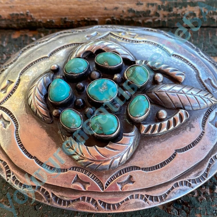 Vintage Sterling SIlver Four Feather Turquoise Belt Buckle Yourgreatfinds