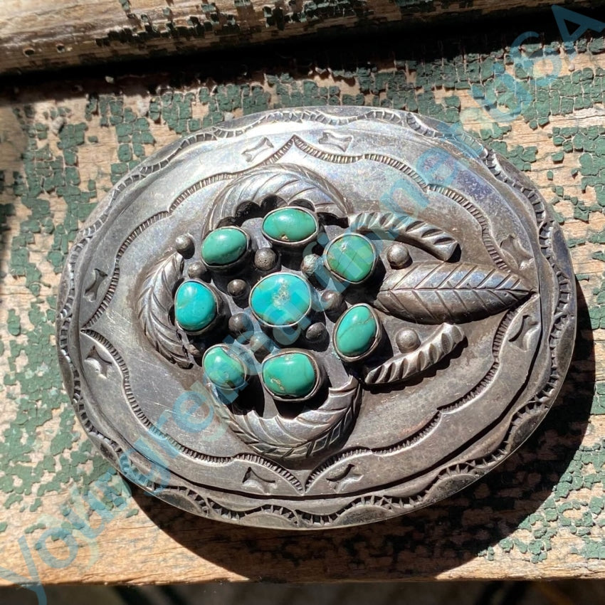 Vintage Sterling SIlver Four Feather Turquoise Belt Buckle Yourgreatfinds