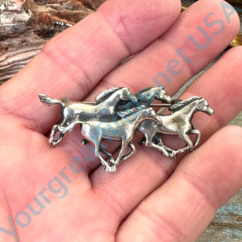 Vintage Sterling Silver Galloping Wild Horses Pin