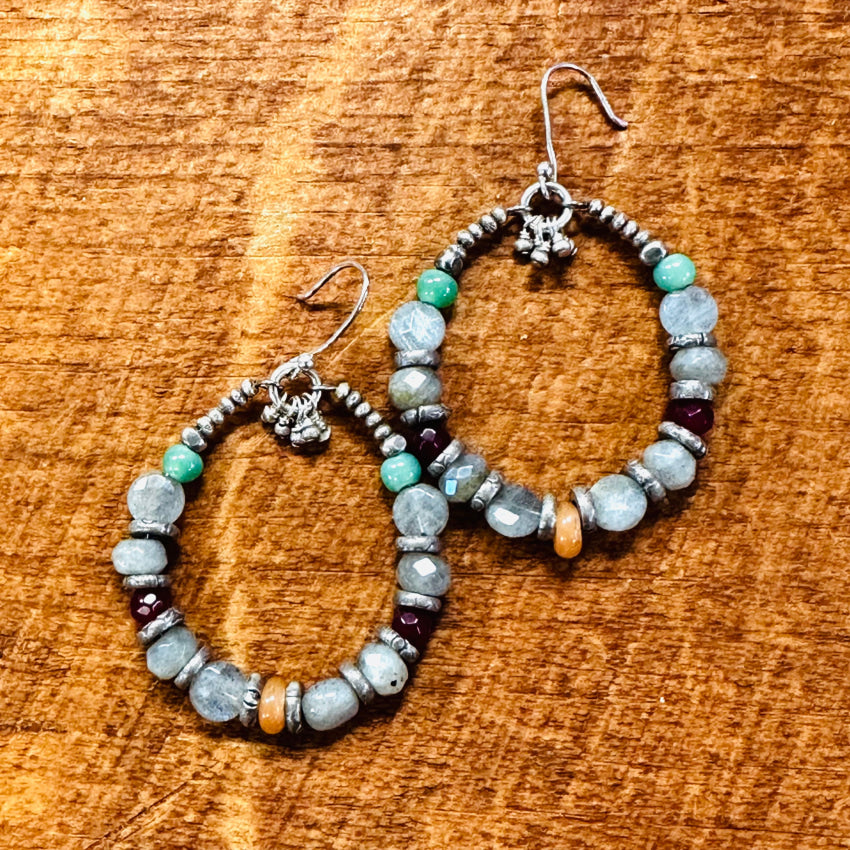 Vintage Sterling Silver Gemstone Beaded Hoop Earrings Earrings