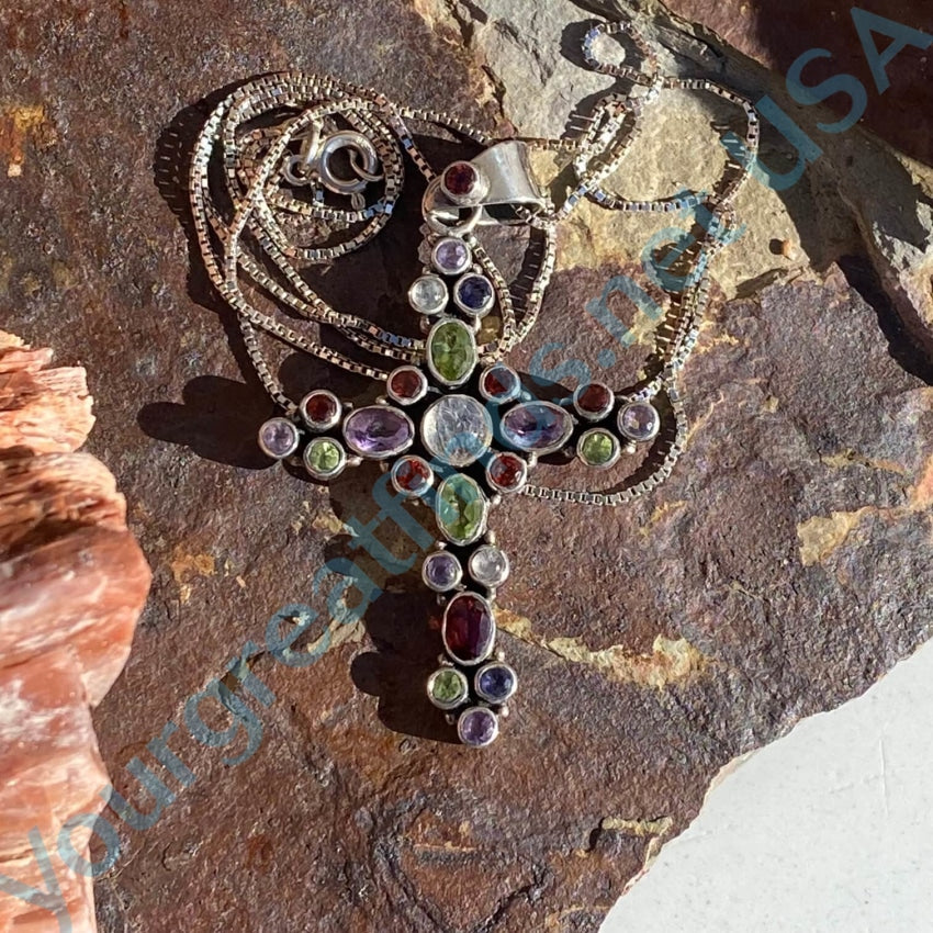 Vintage Sterling Silver Gemstone Holy Cross Necklace