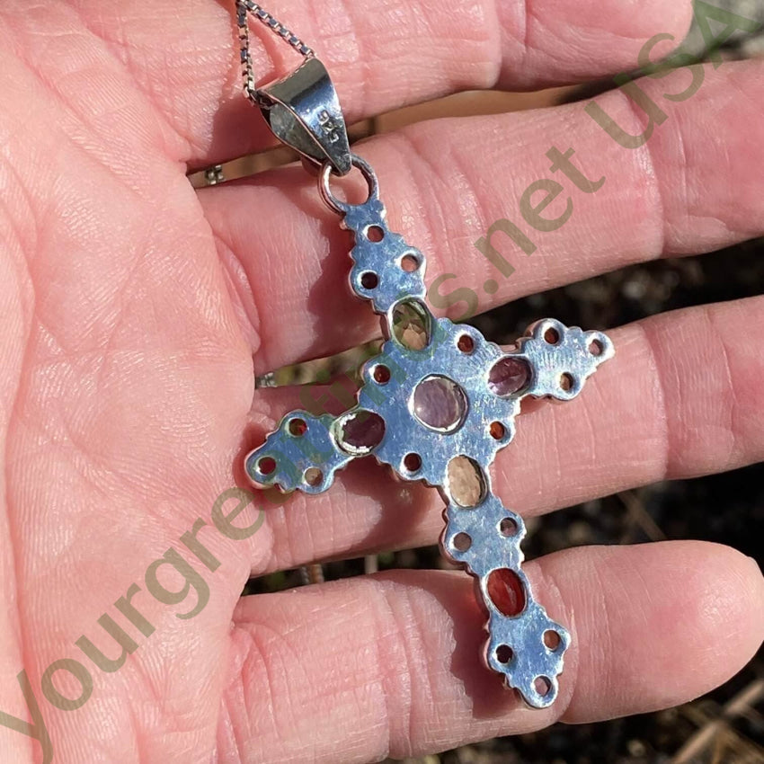 Vintage Sterling Silver Gemstone Holy Cross Necklace