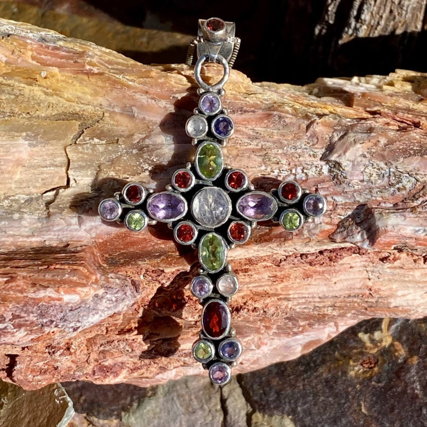 Vintage Sterling Silver Gemstone Holy Cross Necklace