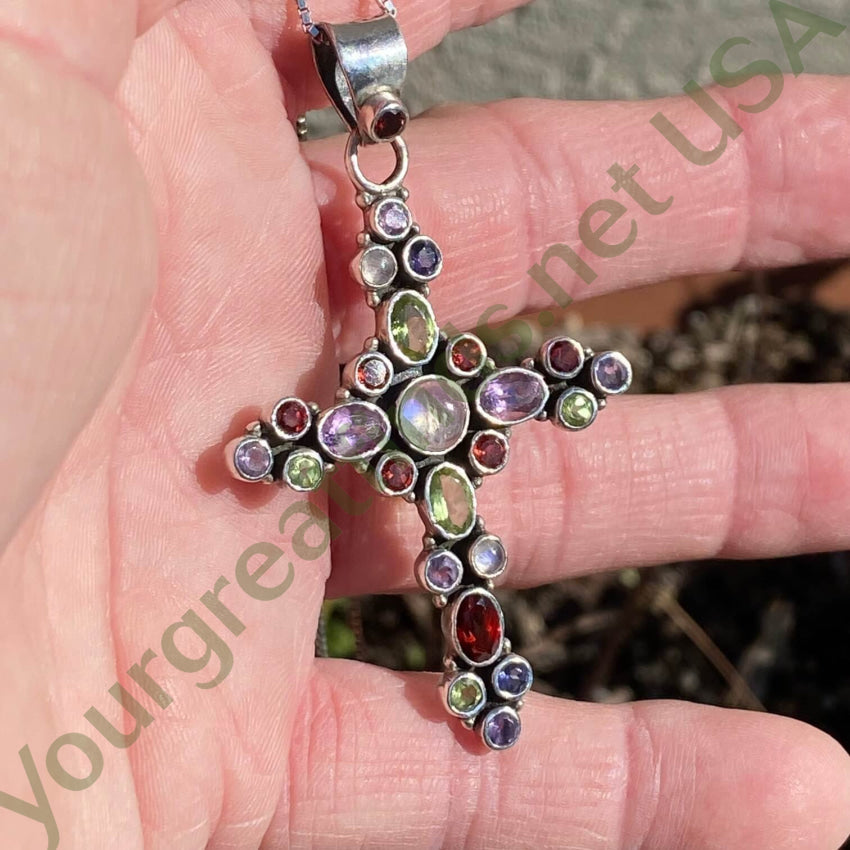 Vintage Sterling Silver Gemstone Holy Cross Necklace