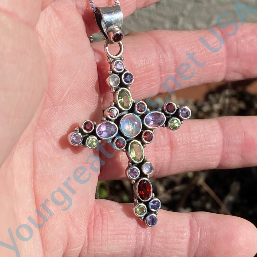 Sterling Silver Multi-stone Stone Cross Necklace