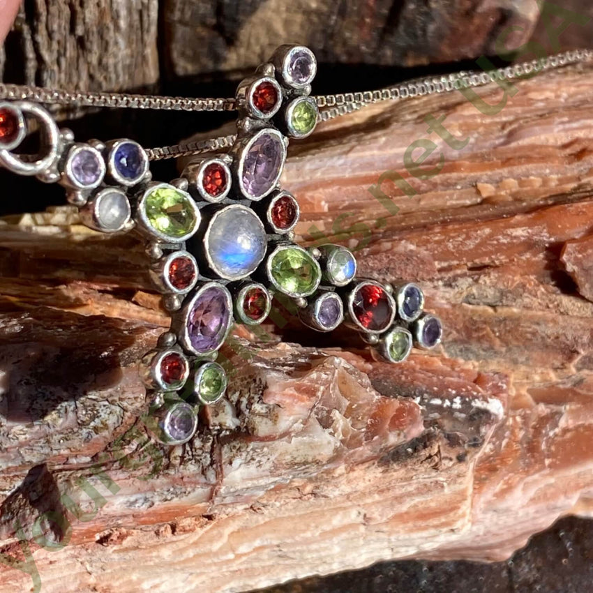 Vintage Sterling Silver Gemstone Holy Cross Necklace