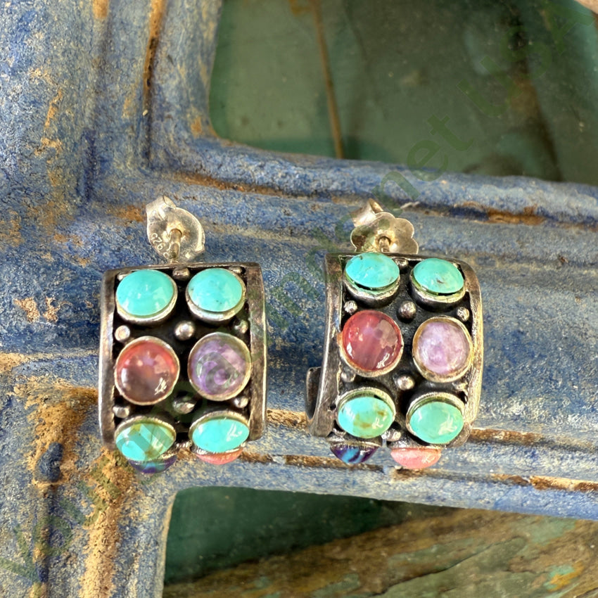 Vintage Sterling Silver & Gemstone Turquoise Pierced Hoop Earrings earrings