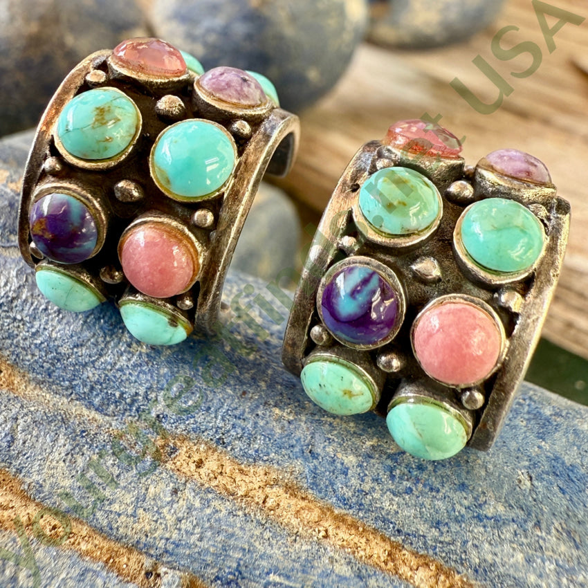 Vintage Sterling Silver & Gemstone Turquoise Pierced Hoop Earrings earrings