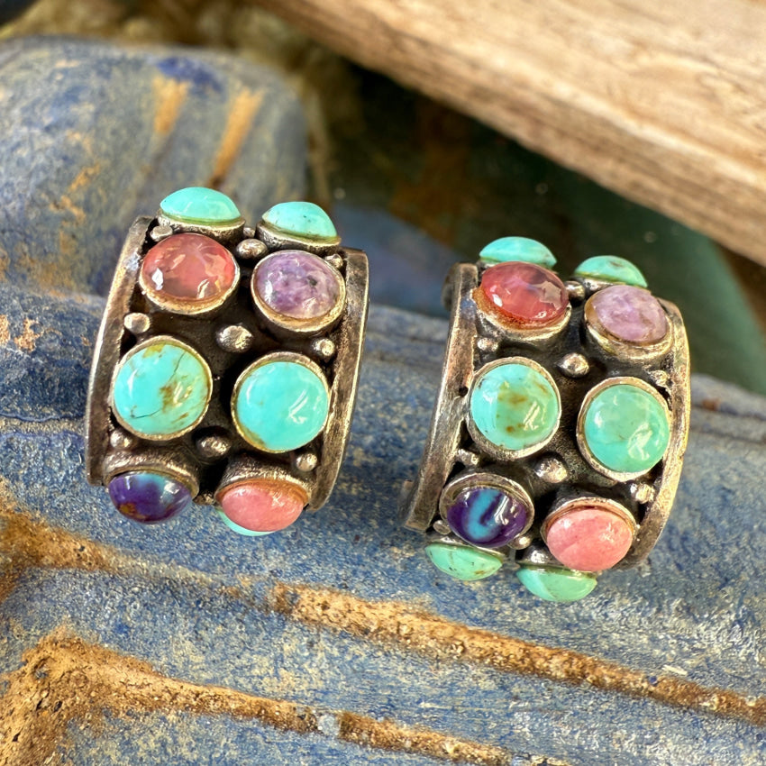 Vintage Sterling Silver & Gemstone Turquoise Pierced Hoop Earrings earrings