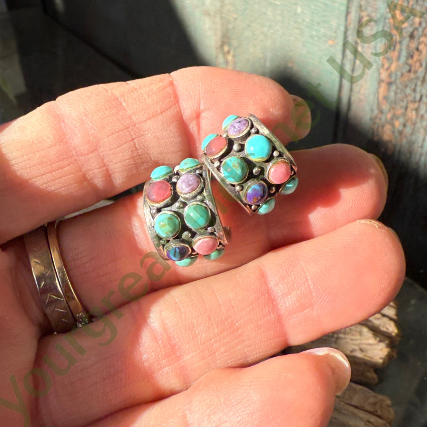 Vintage Sterling Silver & Gemstone Turquoise Pierced Hoop Earrings earrings