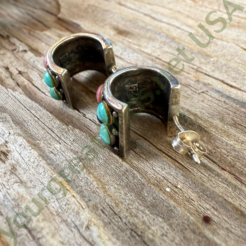 Vintage Sterling Silver & Gemstone Turquoise Pierced Hoop Earrings earrings