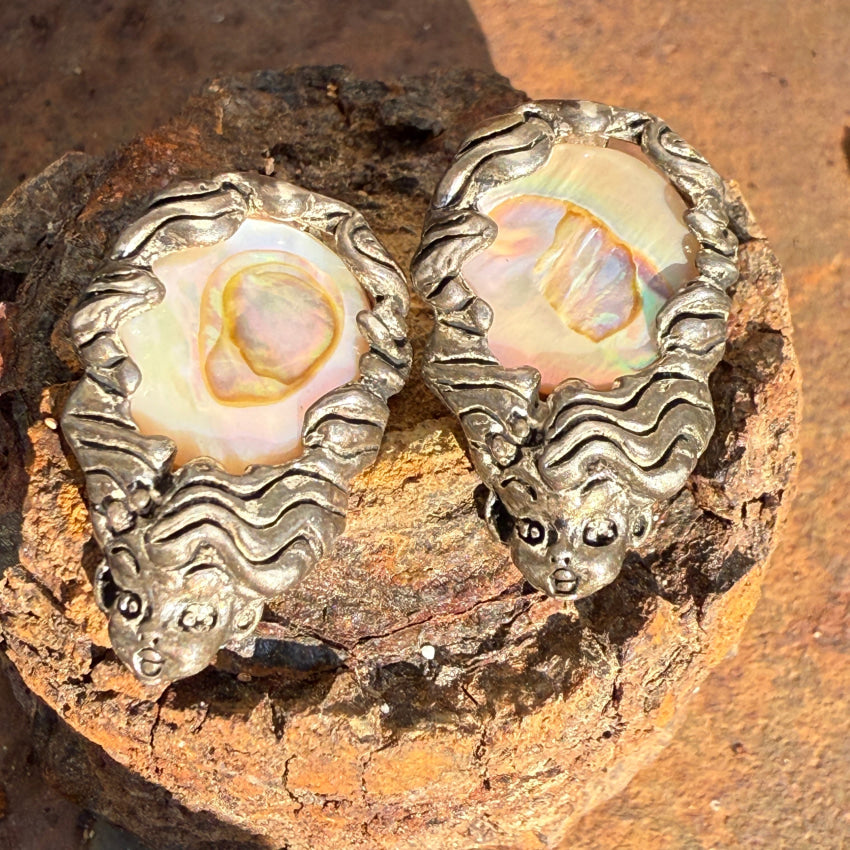 Vintage Sterling Silver Goddess Abalone In Her Hair Earrings Earrings