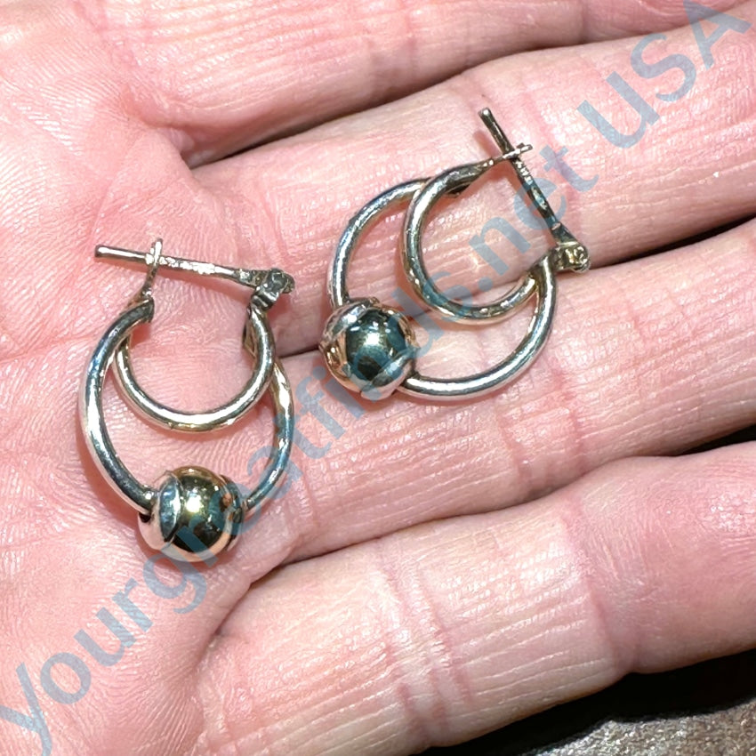 Vintage Sterling Silver Gold Bead Double Hoop Earrings