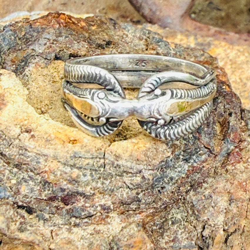 Vintage Sterling Silver & Gold Double Serpent Snake Ring Size 8.5 ring