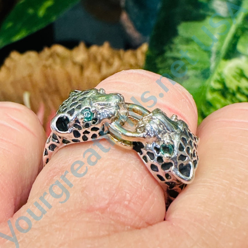 Vintage Sterling Silver Gold Emerald Double Leopard Ring Size 7