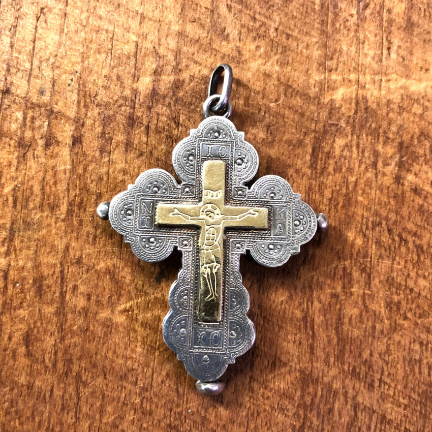 Vintage Sterling Silver & Gold Hand Etched Holy Cross Pendant Pendant