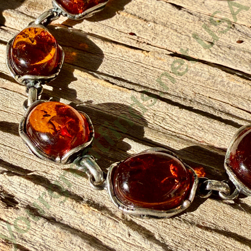 Vintage Sterling Silver & Golden Amber Link Bracelet bracelet