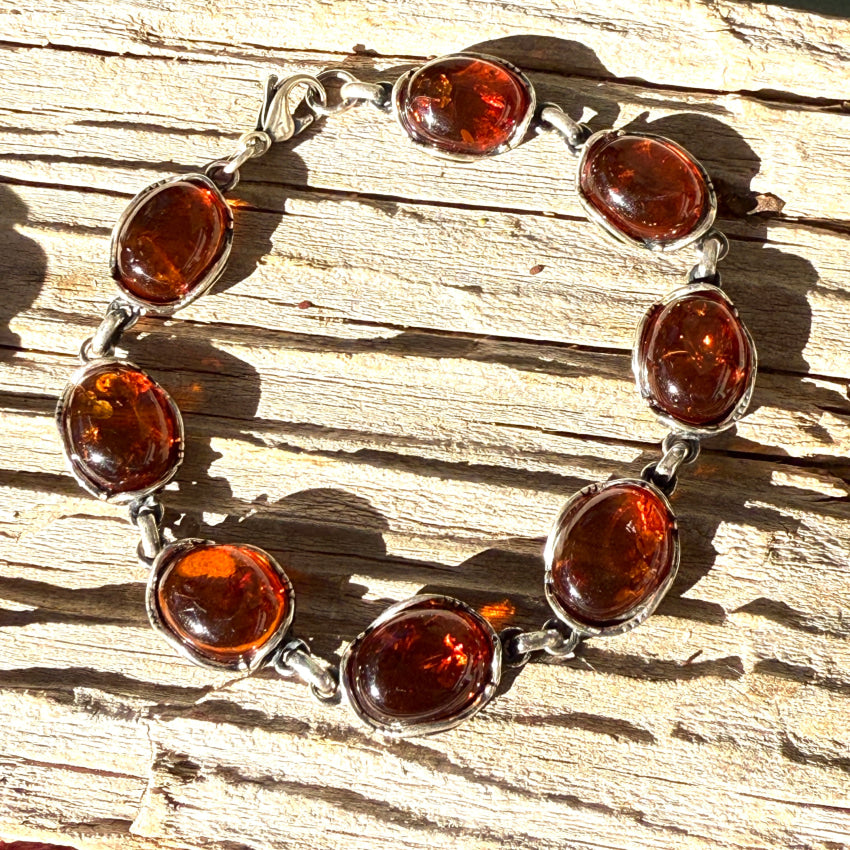 Vintage Sterling Silver & Golden Amber Link Bracelet bracelet
