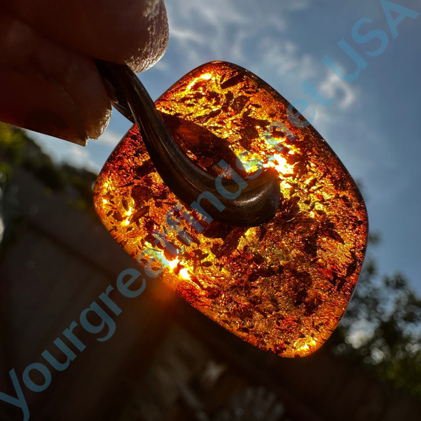 Vintage Sterling Silver & Golden Amber Pendant Pendant