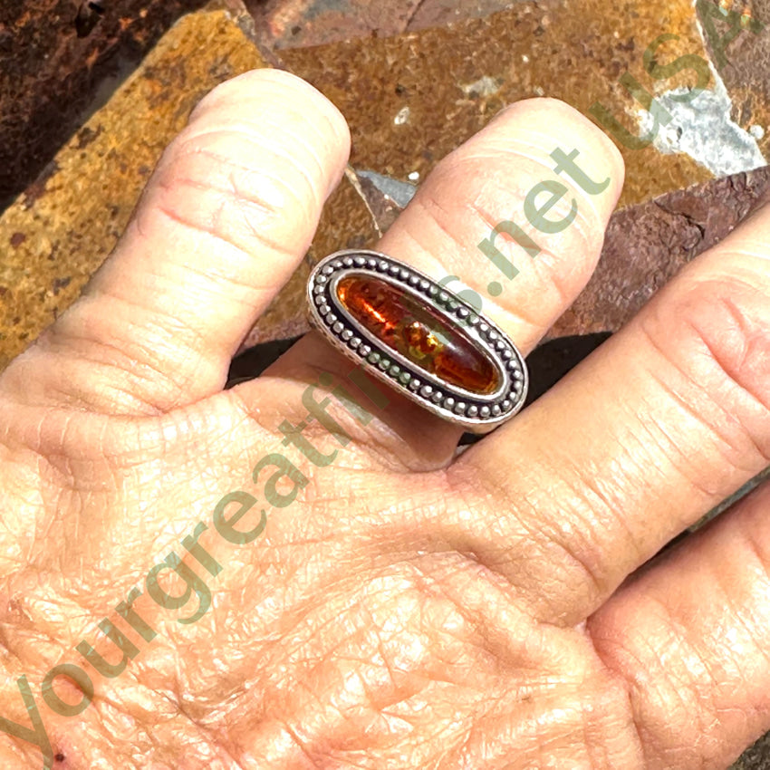 Vintage Sterling Silver & Golden Amber Ring Size 7