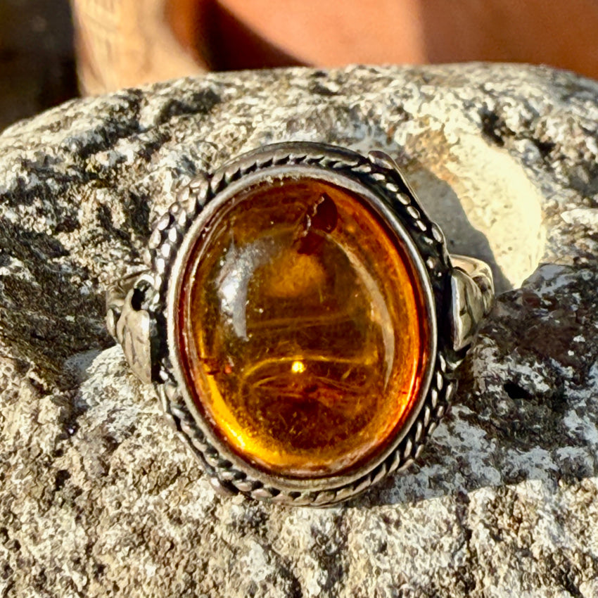Vintage Sterling Silver & Golden Amber Ring SIze 7 Ring