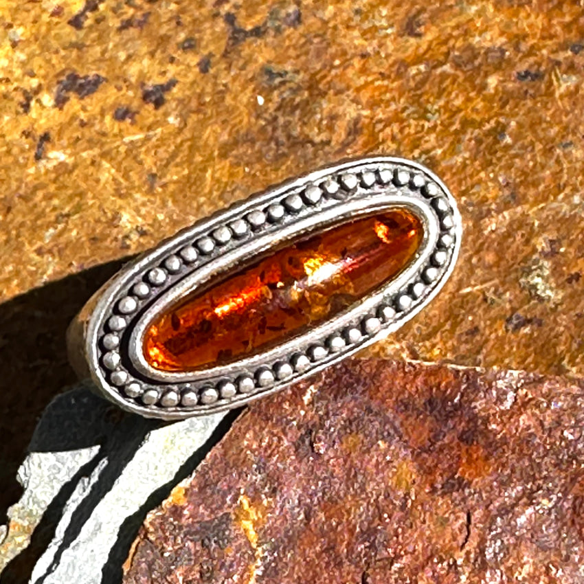 Vintage Sterling Silver & Golden Amber Ring Size 7