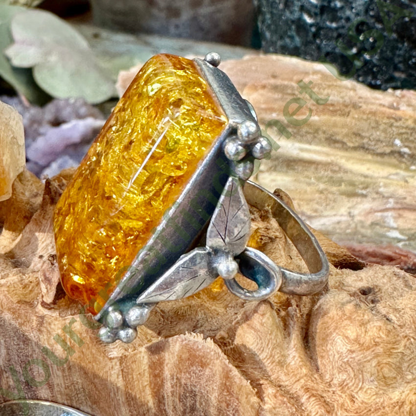 Vintage Sterling Silver Golden Amber Ring Size 8