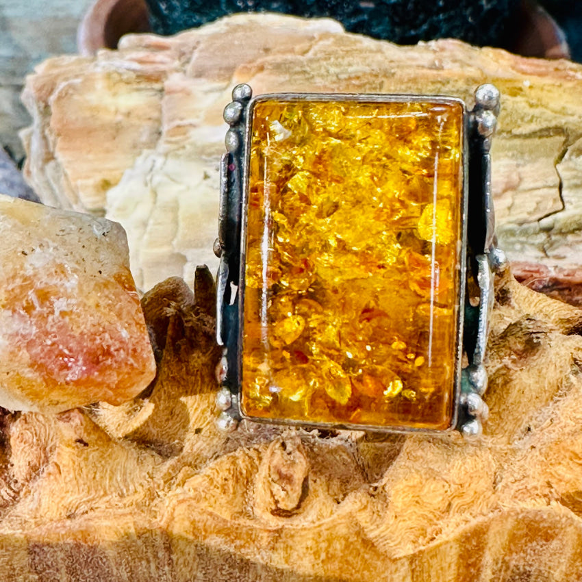 Vintage Sterling Silver Golden Amber Ring Size 8