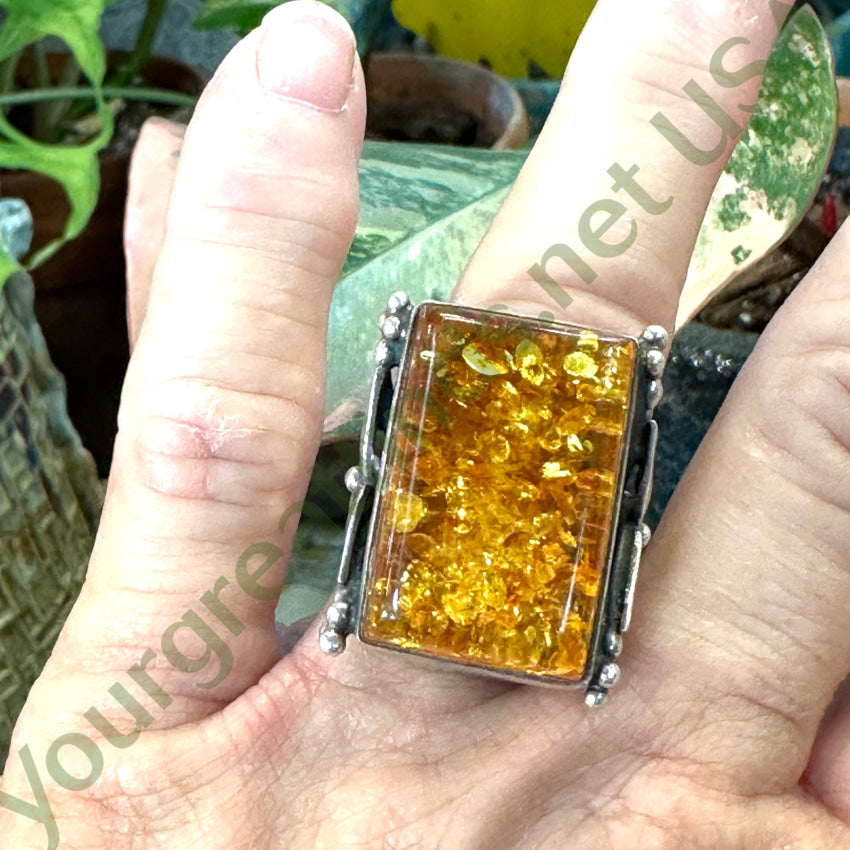 Vintage Sterling Silver Golden Amber Ring Size 8