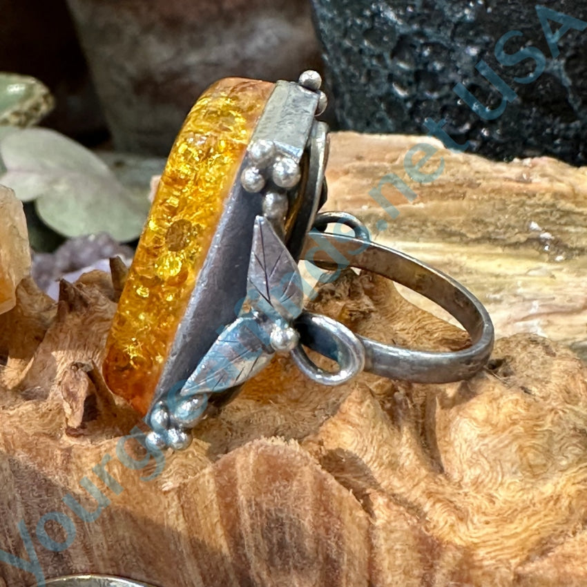 Vintage Sterling Silver Golden Amber Ring Size 8